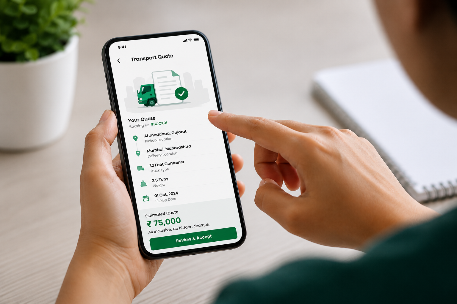 Receive transparent transport quote and assigned truck